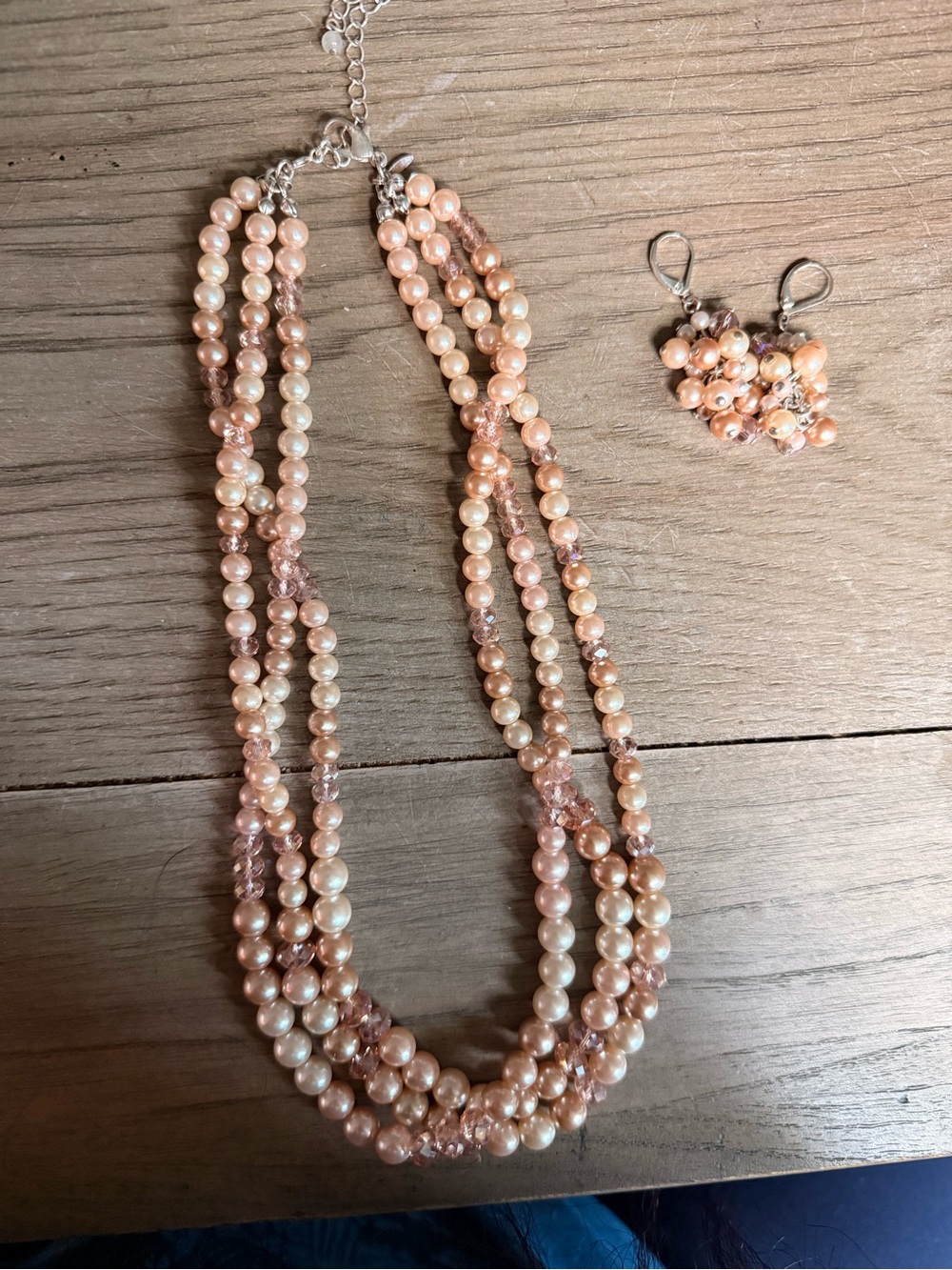 Multi-Strand Peach Pearl Necklace with Matching Cluster Earrings